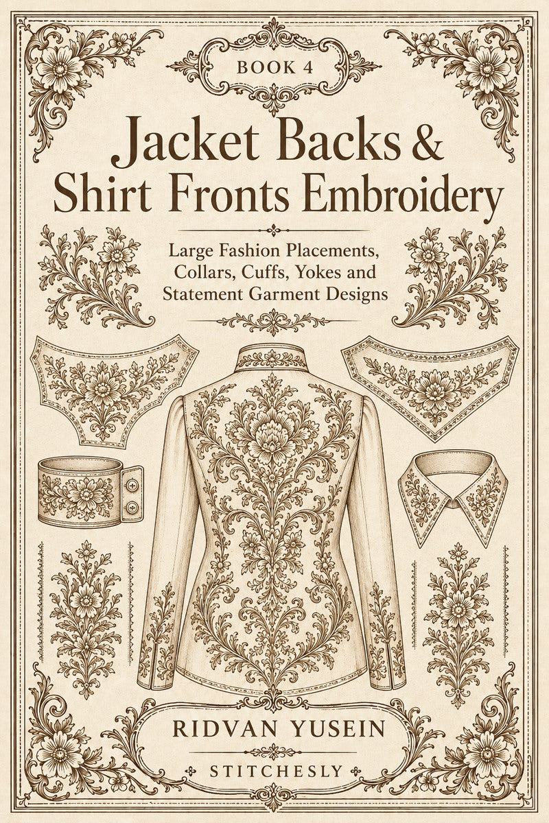 Jacket Backs And Shirt Fronts Embroidery 4 Book from Jacket Backs & Shirt Fronts Embroidery Book 4, a digital embroidery design reference for machine embroidery designs, embroidery patterns and garment placement ideas.