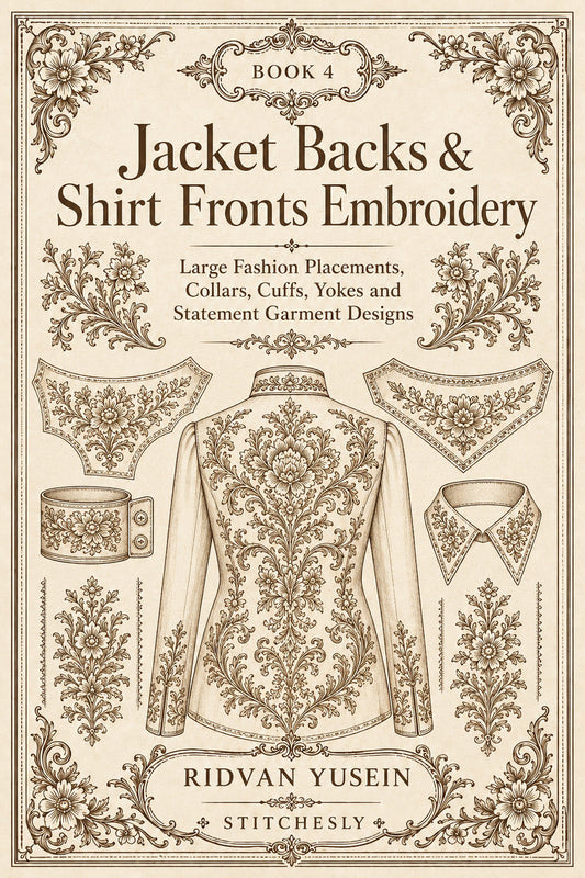 Jacket Backs And Shirt Fronts Embroidery 4 Book from Jacket Backs & Shirt Fronts Embroidery Book 4, a digital embroidery design reference for machine embroidery designs, embroidery patterns and garment placement ideas.