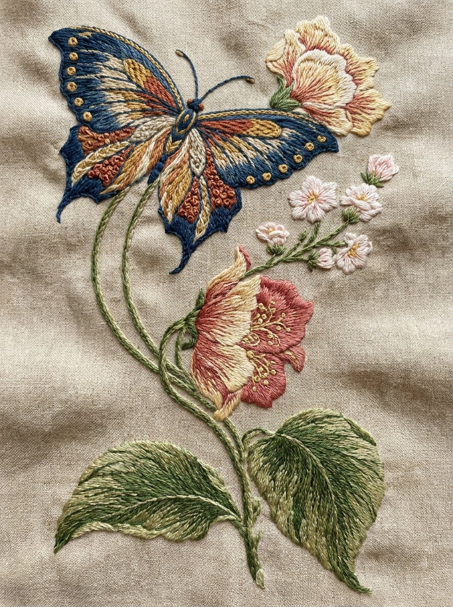 Jacobean Butterfly And Floral Branch from Jacobean & Crewel Embroidery Book 4, a digital embroidery design reference for machine embroidery designs, embroidery patterns and botanical and floral embroidery.