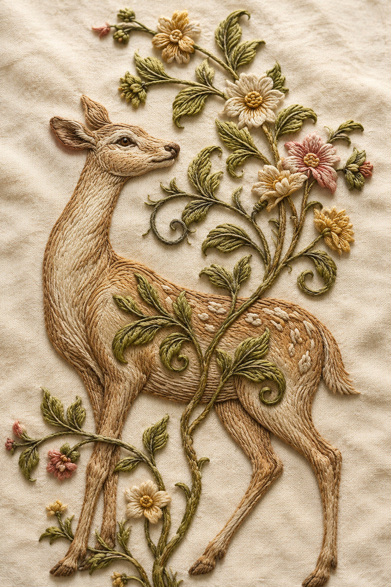 Jacobean Deer And Floral Branch 02 from Jacobean & Crewel Embroidery Book 2, a digital embroidery design reference for machine embroidery designs, embroidery patterns and botanical and floral embroidery.