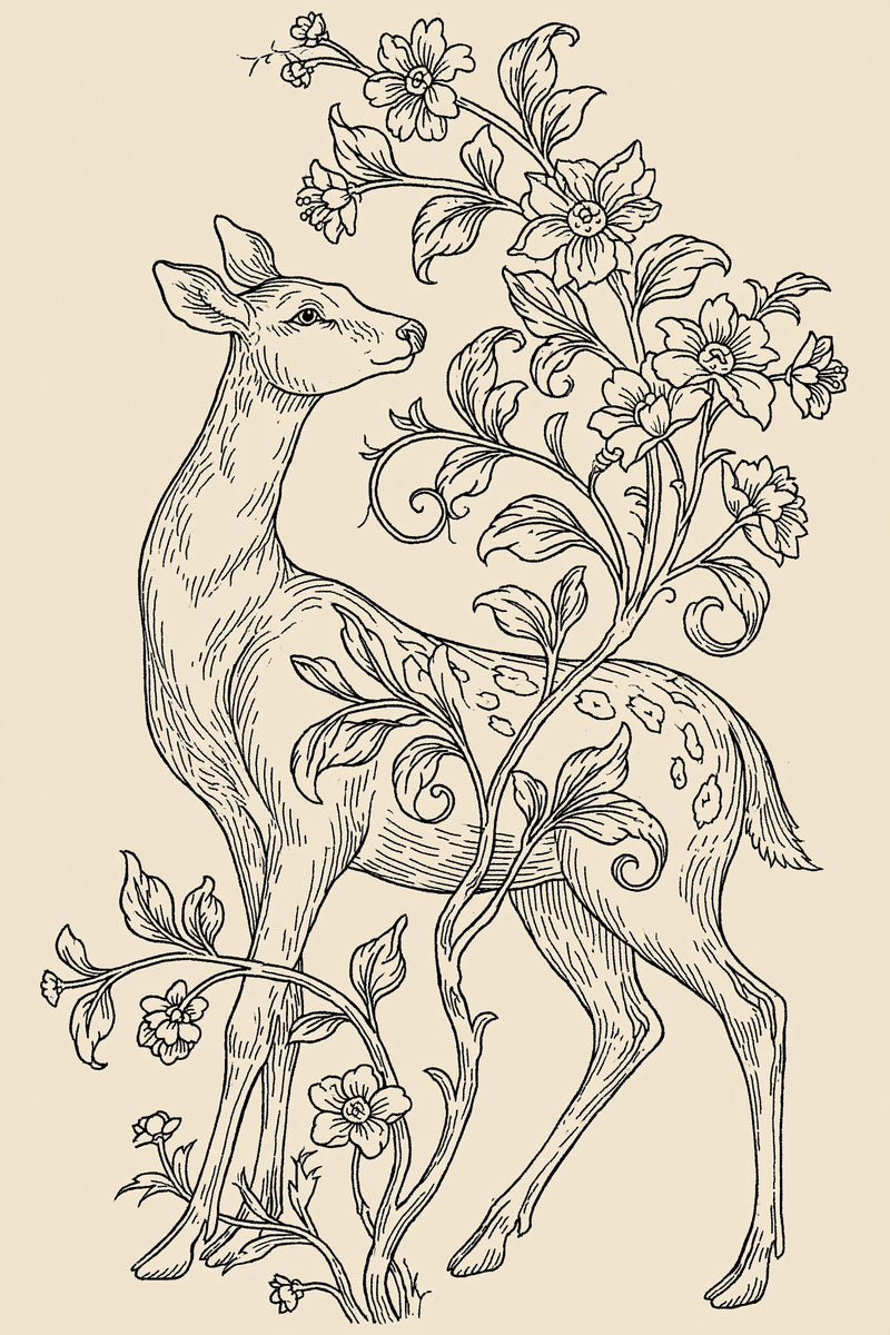 Jacobean Deer And Floral Branch from Jacobean & Crewel Embroidery Book 2, a digital embroidery design reference for machine embroidery designs, embroidery patterns and botanical and floral embroidery.