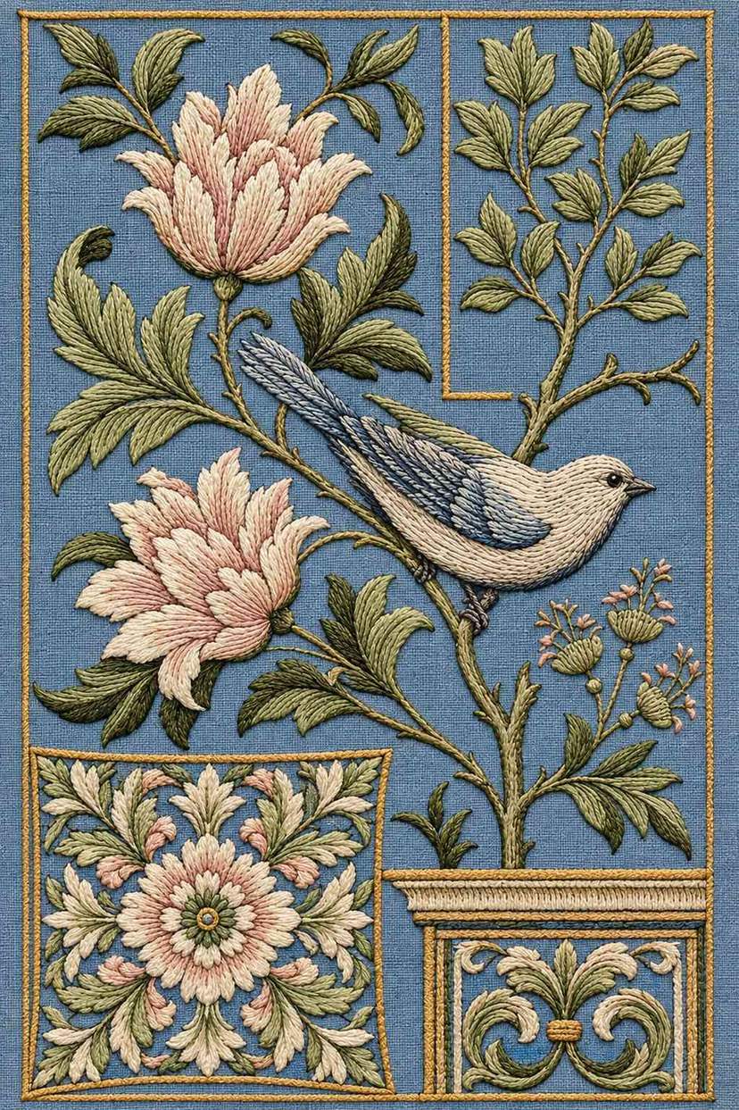 Bird decorative panel, rendered as fine cotton hand embroidery. Jacobean and Crewel Embroidery, Book One.