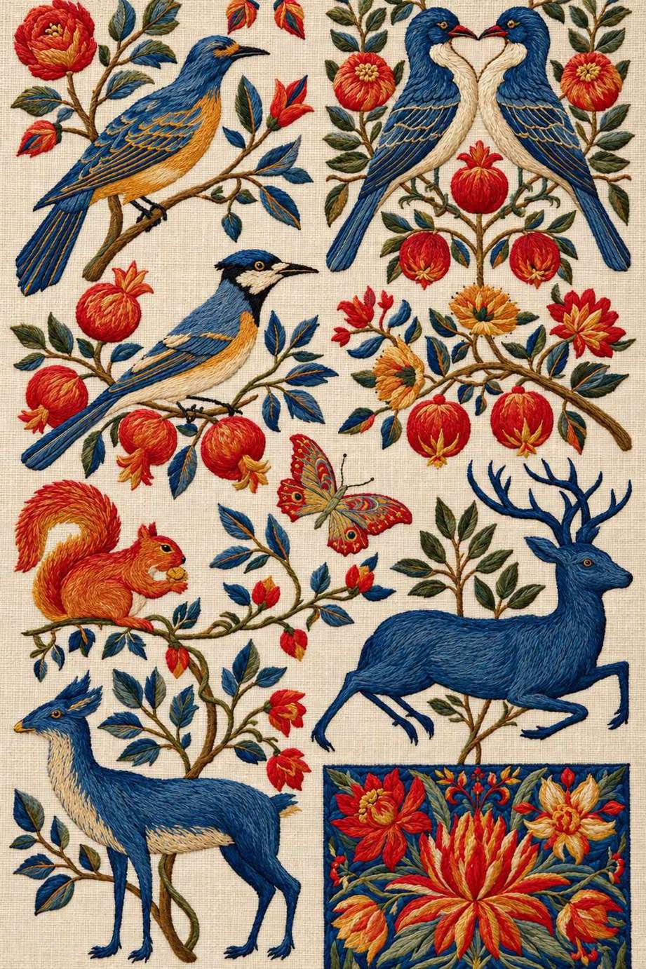 Birds deer squirrel sampler, rendered as fine cotton hand embroidery. Jacobean and Crewel Embroidery, Book One.
