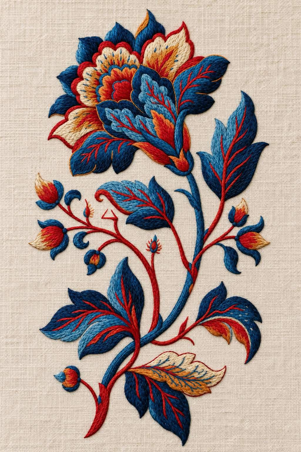 Blue red floral scroll, rendered as fine cotton hand embroidery. Jacobean and Crewel Embroidery, Book One.