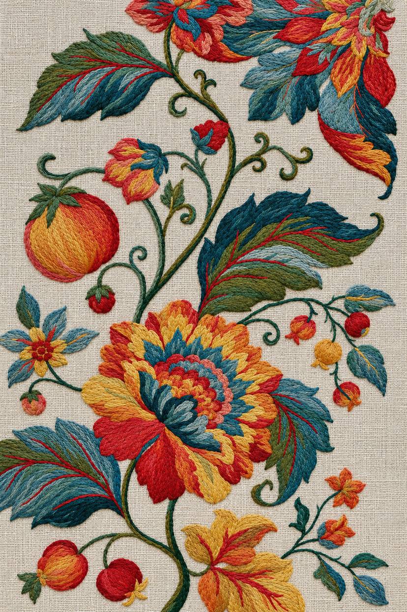 Colourful floral fruit branch, rendered as fine cotton hand embroidery. Jacobean and Crewel Embroidery, Book One.