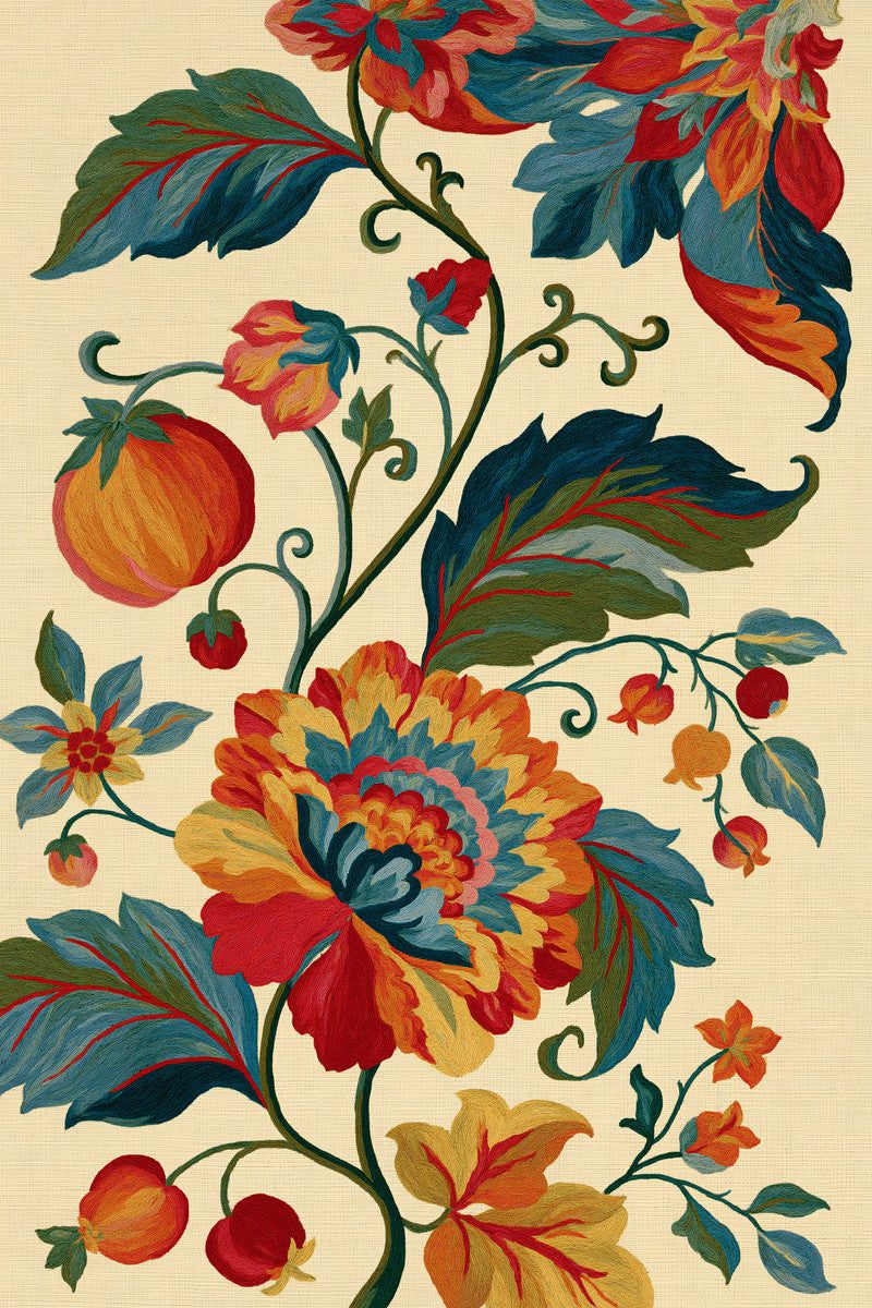 Colourful floral fruit branch, original design drawing reference. Jacobean and Crewel Embroidery, Book One.