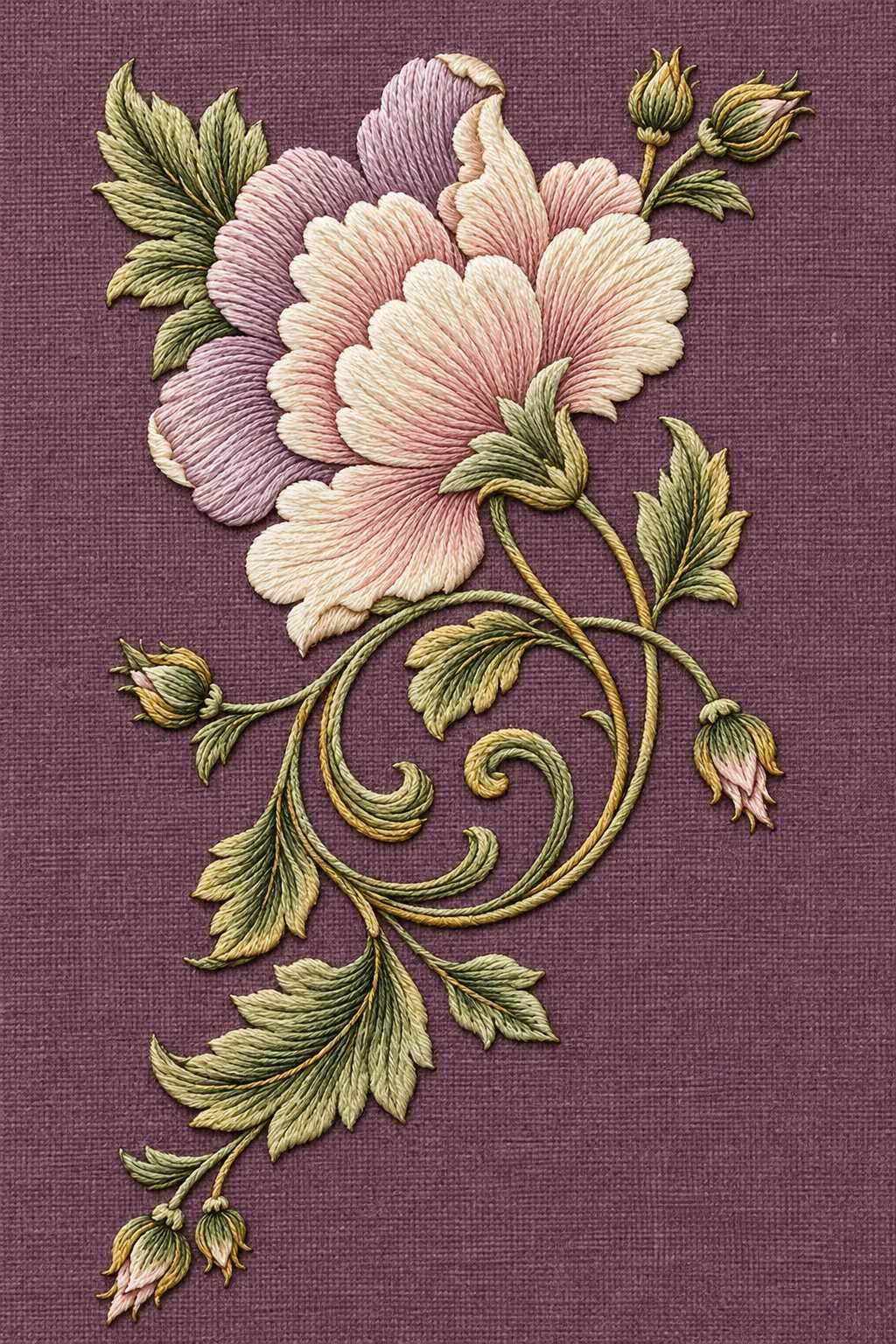 Flower scroll and buds, rendered as fine cotton hand embroidery. Jacobean and Crewel Embroidery, Book One.