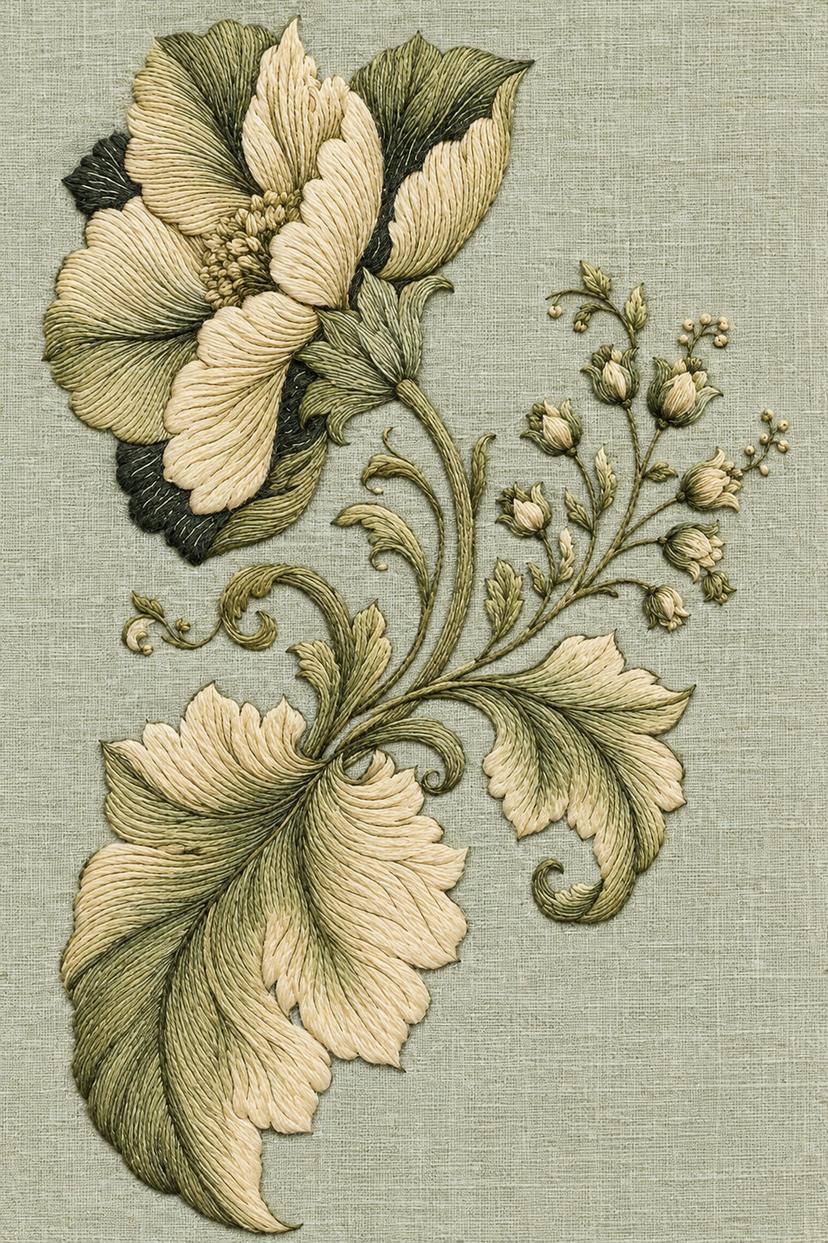 Large flower bell spray, rendered as fine cotton hand embroidery. Jacobean and Crewel Embroidery, Book One.