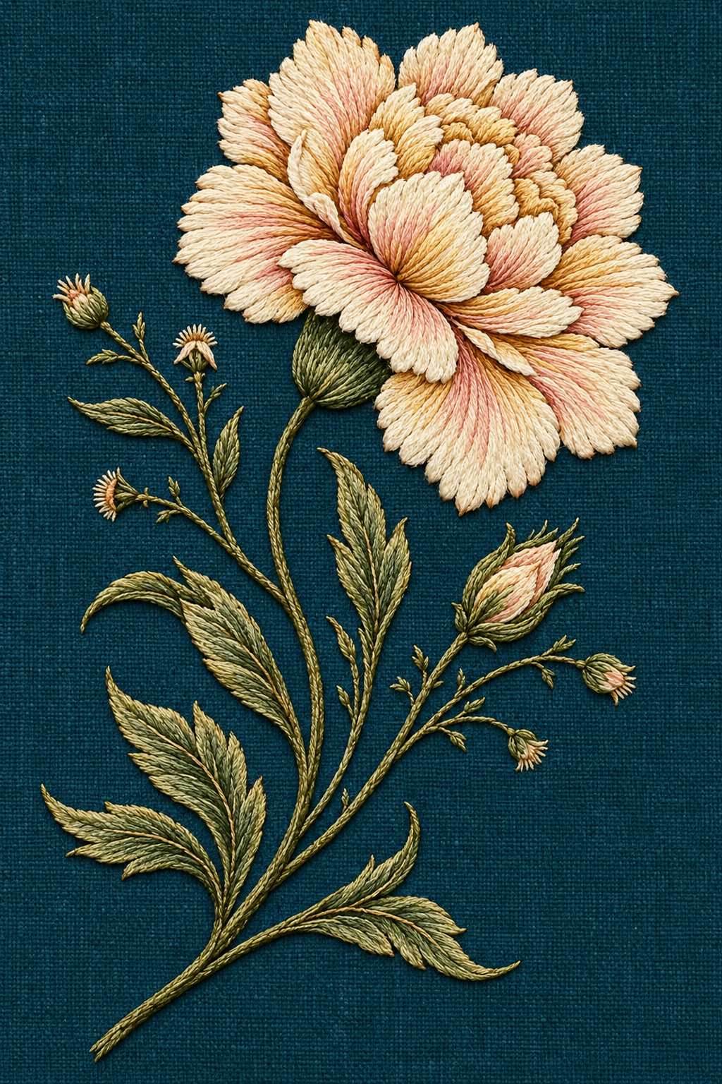 Layered flower branch, rendered as fine cotton hand embroidery. Jacobean and Crewel Embroidery, Book One.