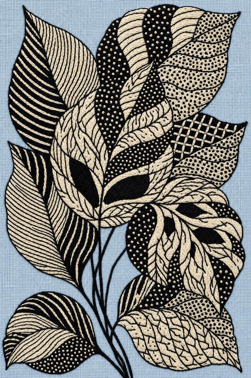 Monochrome patterned leaves, rendered as fine cotton hand embroidery. Jacobean and Crewel Embroidery, Book One.