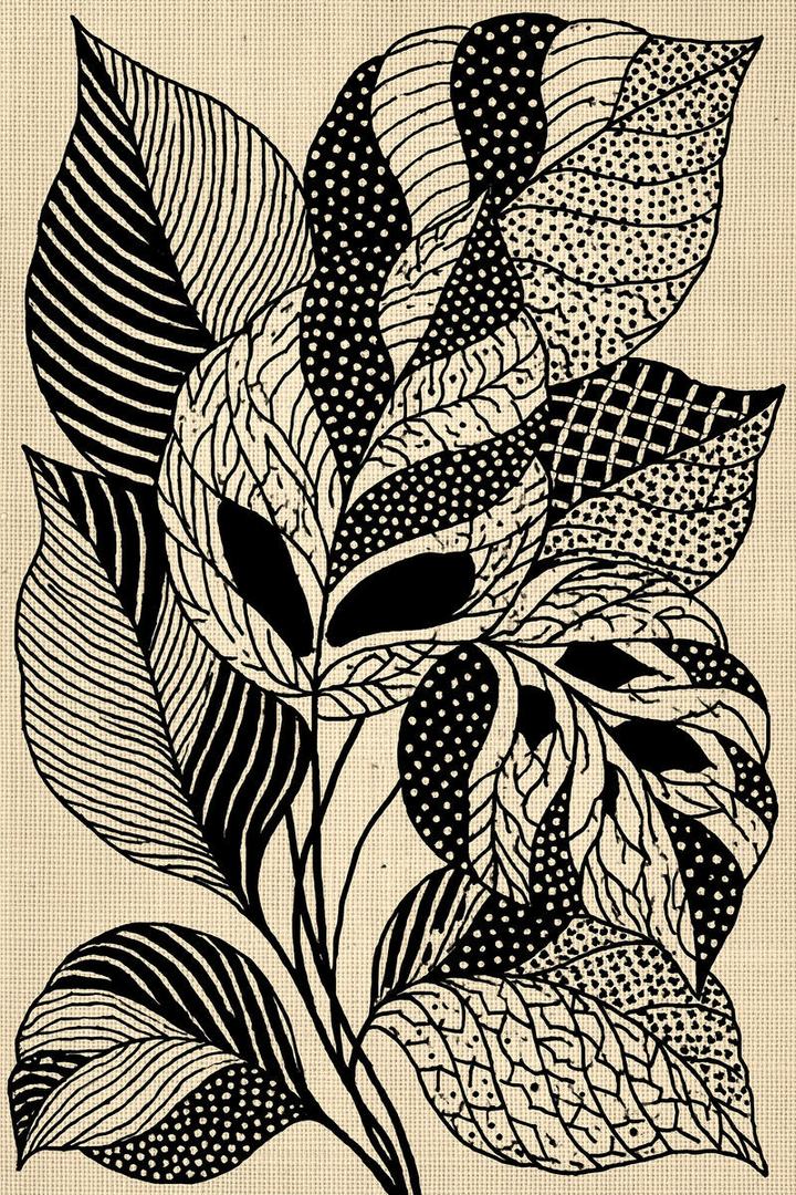 Monochrome patterned leaves, original design drawing reference. Jacobean and Crewel Embroidery, Book One.