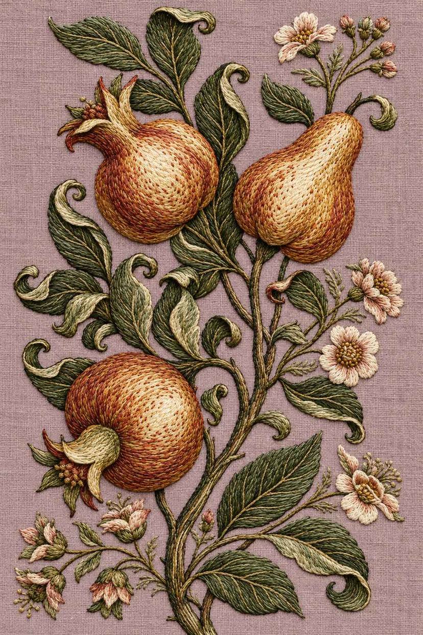 Pomegranates and pear, rendered as fine cotton hand embroidery. Jacobean and Crewel Embroidery, Book One.