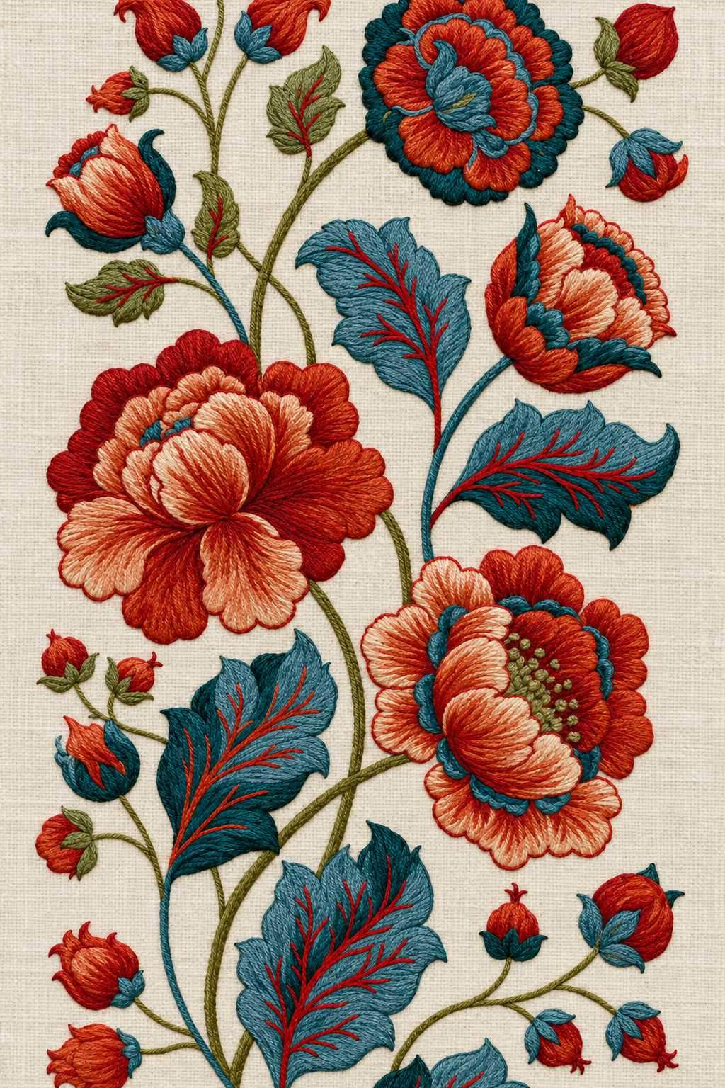 Red flowers blue leaves, rendered as fine cotton hand embroidery. Jacobean and Crewel Embroidery, Book One.