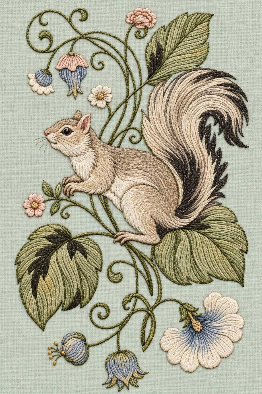 Squirrel floral scroll, rendered as fine cotton hand embroidery. Jacobean and Crewel Embroidery, Book One.