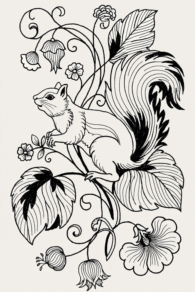 Squirrel floral scroll, original design drawing reference. Jacobean and Crewel Embroidery, Book One.