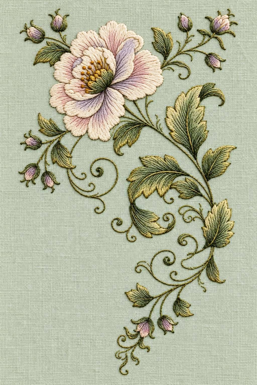 Trailing flower scroll, rendered as fine cotton hand embroidery. Jacobean and Crewel Embroidery, Book One.