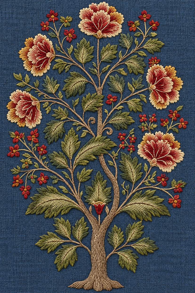 Tree of life with five layered flowers, small blossoms and lobed leaves, rendered as fine cotton hand embroidery on indigo linen. Jacobean and Crewel Embroidery, Book One.
