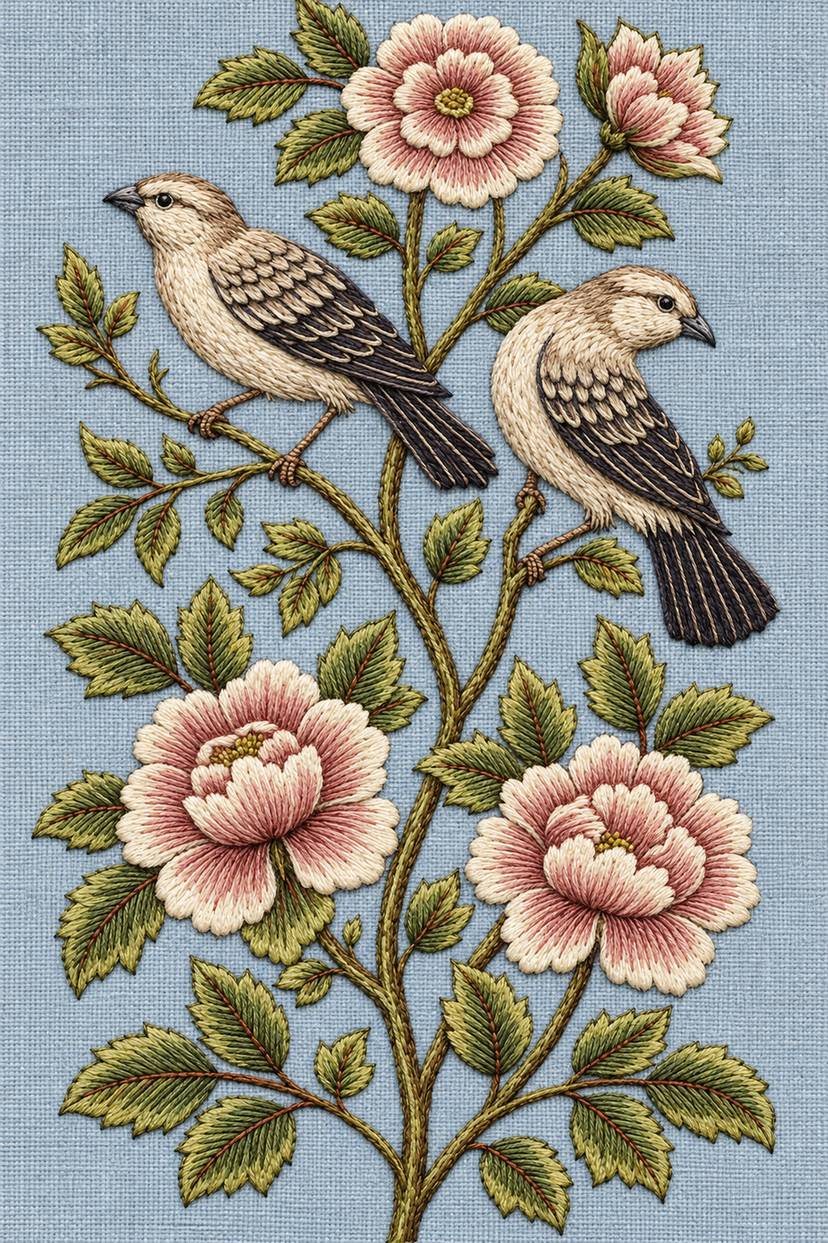 Two birds floral branch, rendered as fine cotton hand embroidery. Jacobean and Crewel Embroidery, Book One.
