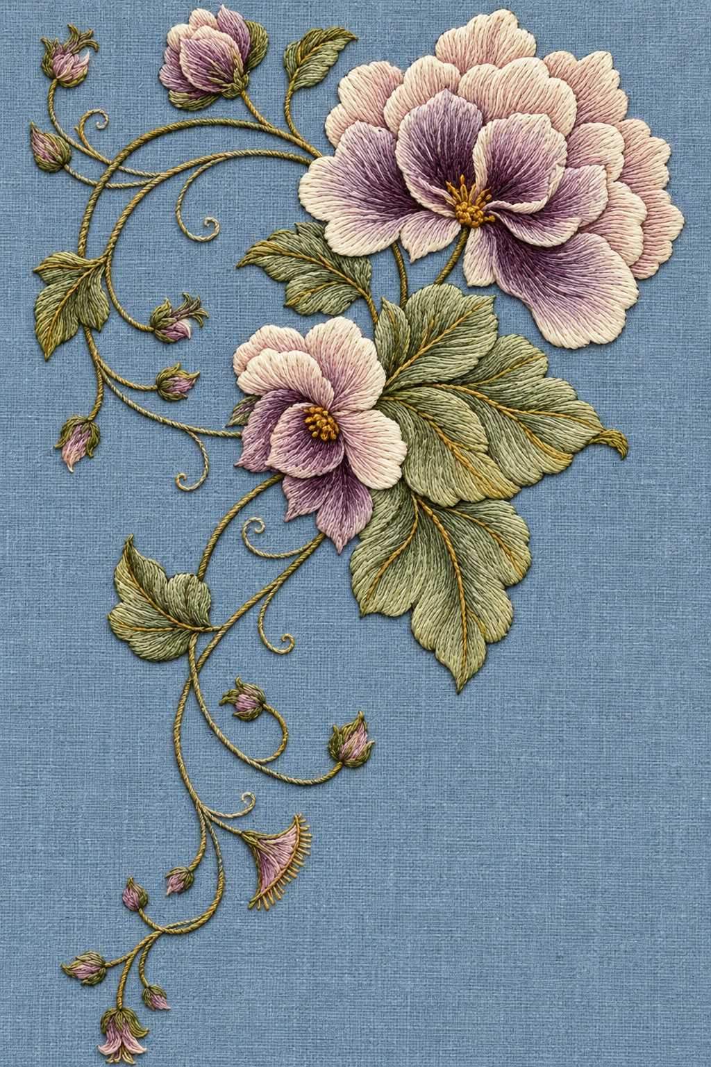 Two flower trailing branch, rendered as fine cotton hand embroidery. Jacobean and Crewel Embroidery, Book One.