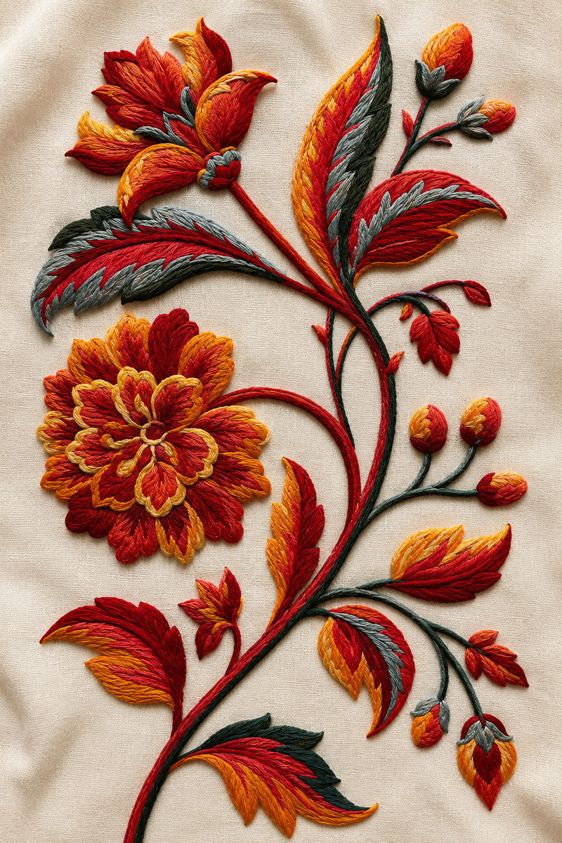 Jacobean Floral Stem 02 from Jacobean & Crewel Embroidery Book 2, a digital embroidery design reference for machine embroidery designs, embroidery patterns and botanical and floral embroidery.