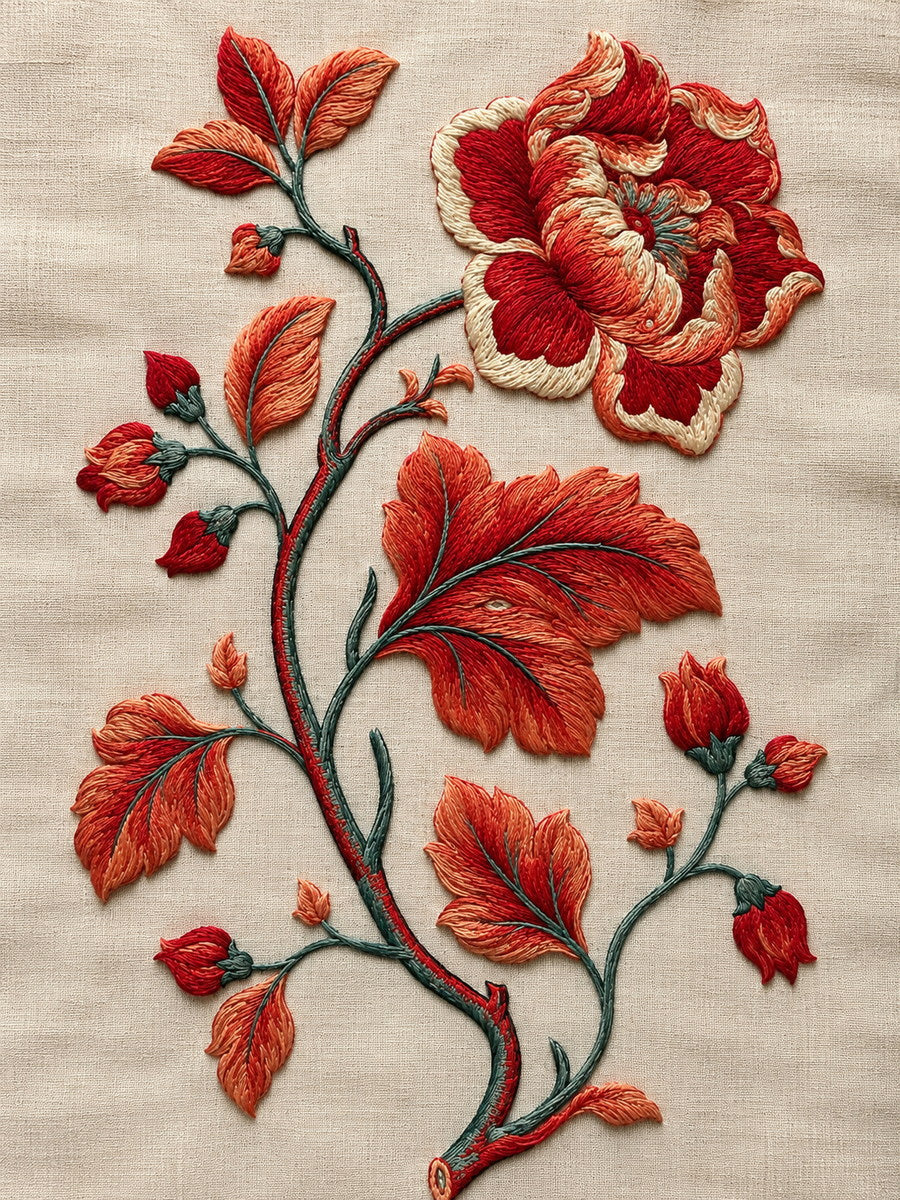 Jacobean Floral Stem 02 from Jacobean & Crewel Embroidery Book 3, a digital embroidery design reference for machine embroidery designs, embroidery patterns and botanical and floral embroidery.