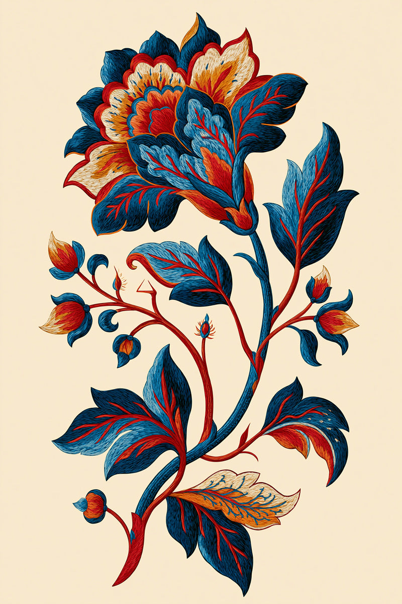 Jacobean Floral Stem from Jacobean & Crewel Embroidery Book 1, a digital embroidery design reference for machine embroidery designs, embroidery patterns and botanical and floral embroidery.