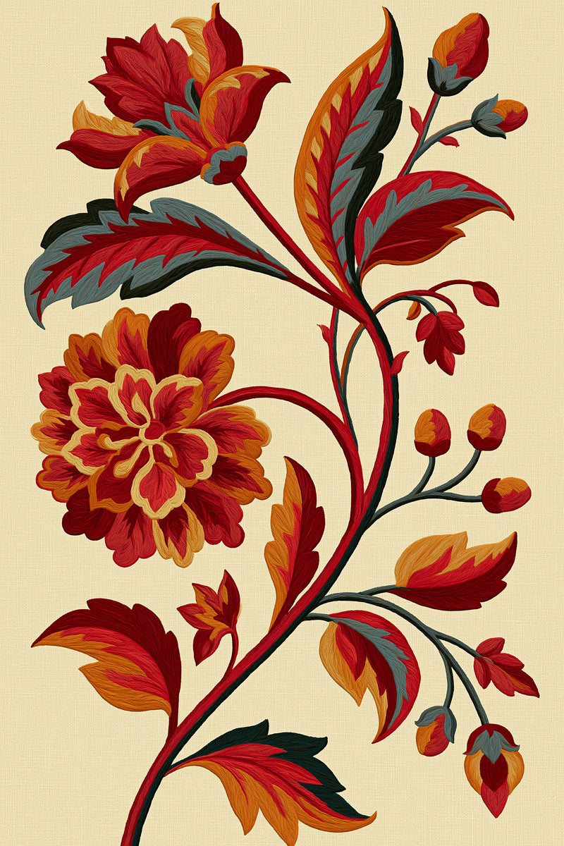 Jacobean Floral Stem from Jacobean & Crewel Embroidery Book 2, a digital embroidery design reference for machine embroidery designs, embroidery patterns and botanical and floral embroidery.