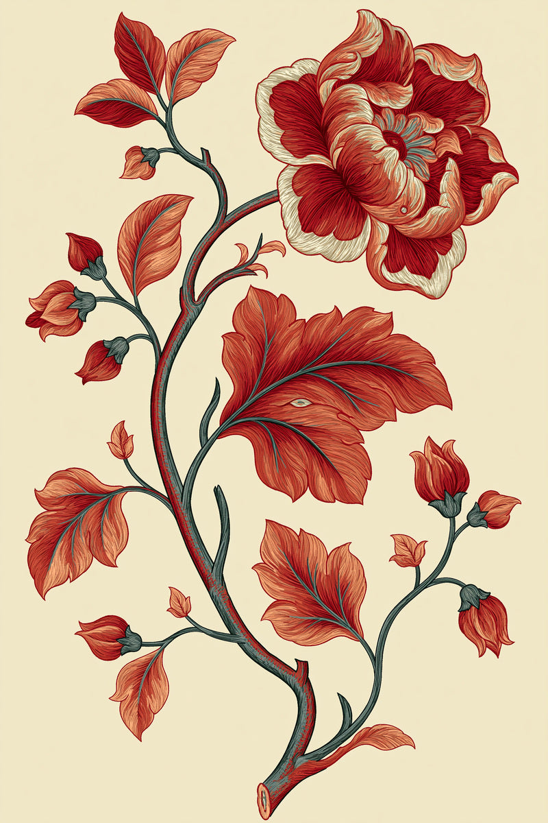 Jacobean Floral Stem from Jacobean & Crewel Embroidery Book 3, a digital embroidery design reference for machine embroidery designs, embroidery patterns and botanical and floral embroidery.