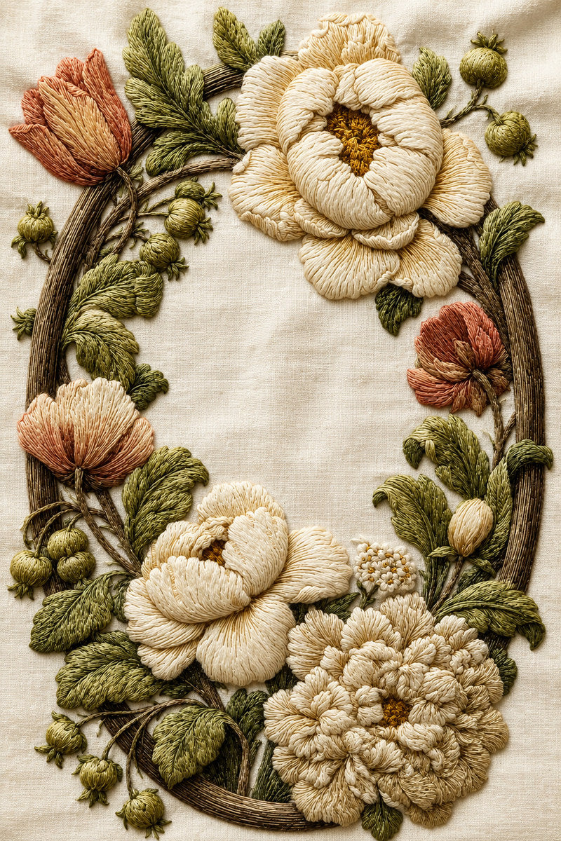 Jacobean Oval Floral Frame 02 from Jacobean & Crewel Embroidery Book 2, a digital embroidery design reference for machine embroidery designs, embroidery patterns and frames and monogram spaces.