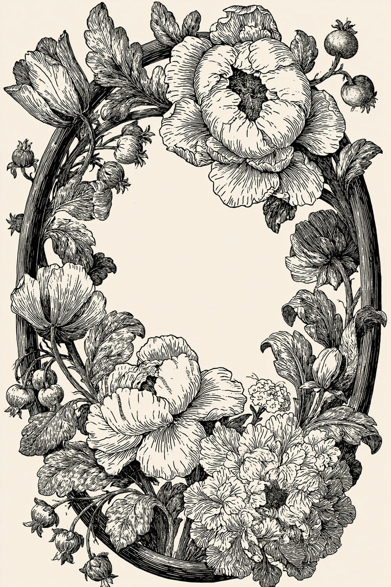 Jacobean Oval Floral Frame from Jacobean & Crewel Embroidery Book 2, a digital embroidery design reference for machine embroidery designs, embroidery patterns and frames and monogram spaces.