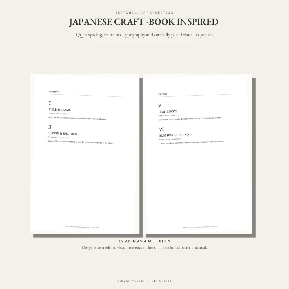 English contents pages showing restrained Japanese craft-book-inspired editorial typography.