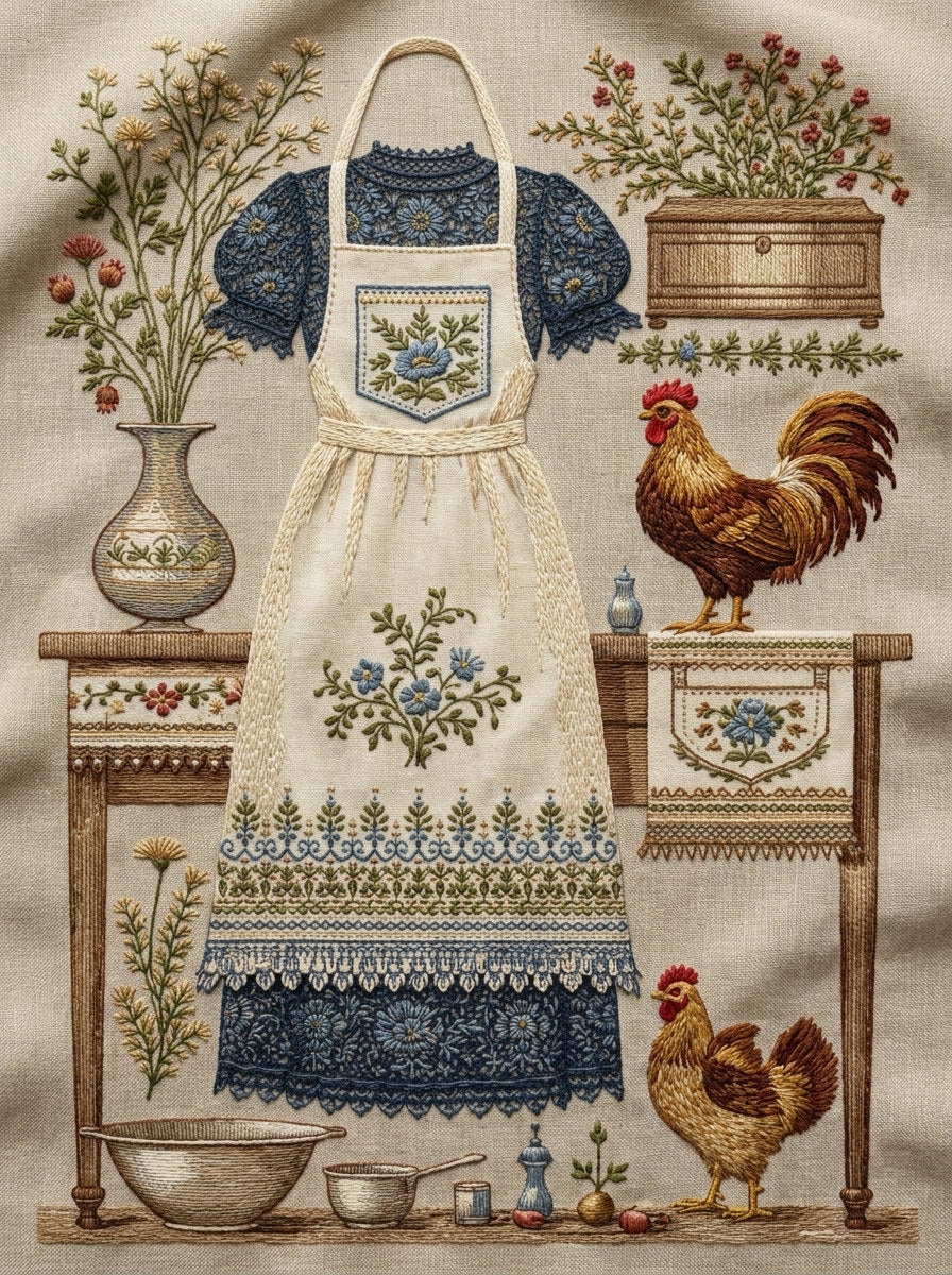Kitchen Apron Placement Set Kitchen from Kitchen Towels & Aprons Embroidery Book 3, a digital embroidery design reference for machine embroidery designs, embroidery patterns and lace and broderie details.