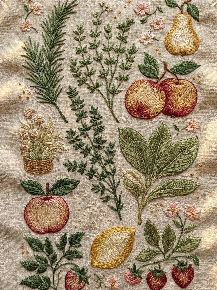 Kitchen Botanical Plate Kitchen Embroidery Png from Kitchen Towels & Aprons Embroidery Book 1, a digital embroidery design reference for machine embroidery designs, embroidery patterns and linen and home textile projects.