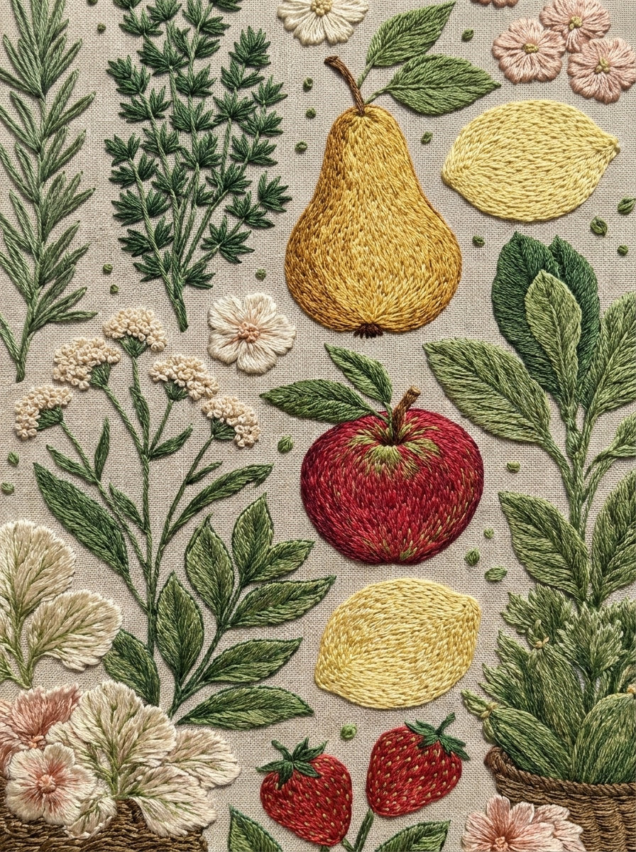Kitchen Botanical Plate Kitchen Embroidery Png from Kitchen Towels & Aprons Embroidery Book 4, a digital embroidery design reference for machine embroidery designs, embroidery patterns and linen and home textile projects.