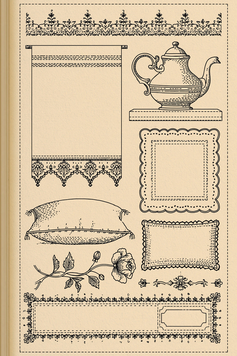 Kitchen Home Linen Outline Placement from Backstitch & Outline Designs Book 2, a digital embroidery design reference for machine embroidery designs, embroidery patterns and lace and broderie details.