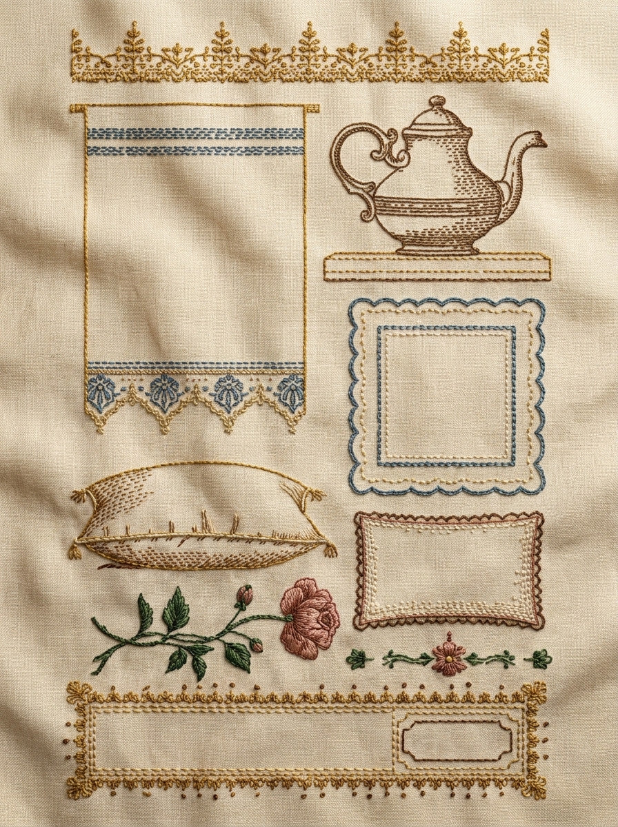 Kitchen Home Linen Outline Placement from Backstitch & Outline Designs Book 2, a digital embroidery design reference for machine embroidery designs, embroidery patterns and lace and broderie details.