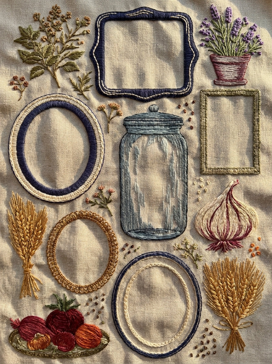 Kitchen Label And Recipe Library from Kitchen Towels & Aprons Embroidery Book 3, a digital embroidery design reference for machine embroidery designs, embroidery patterns and frames and monogram spaces.