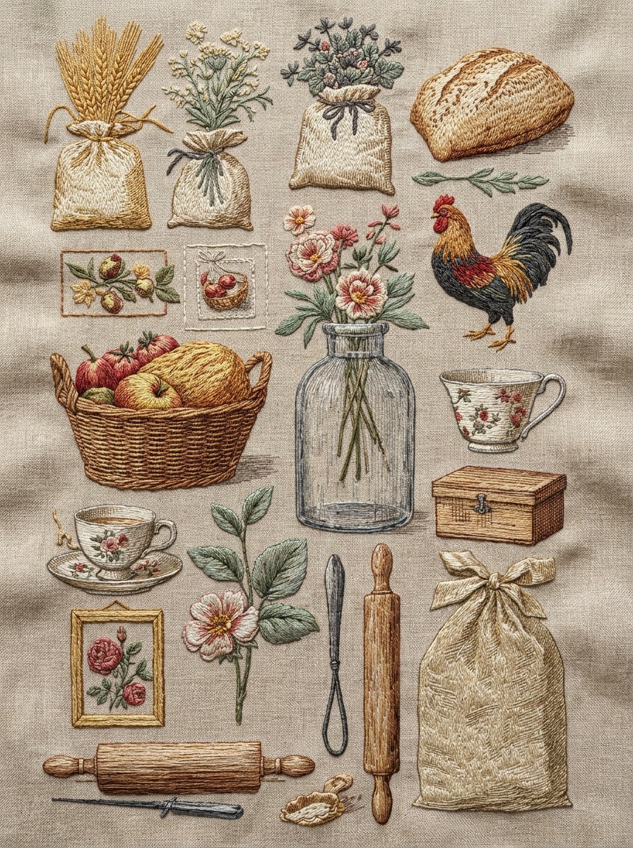 Kitchen Pouch And Home Linen from Kitchen Towels & Aprons Embroidery Book 4, a digital embroidery design reference for machine embroidery designs, embroidery patterns and linen and home textile projects.