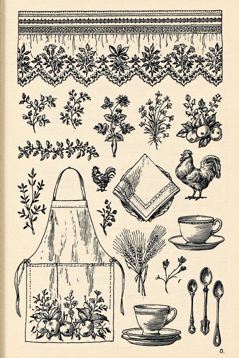 Kitchen Towel Apron Placement Library from Kitchen Towels & Aprons Embroidery Book 3, a digital embroidery design reference for machine embroidery designs, embroidery patterns and lace and broderie details.