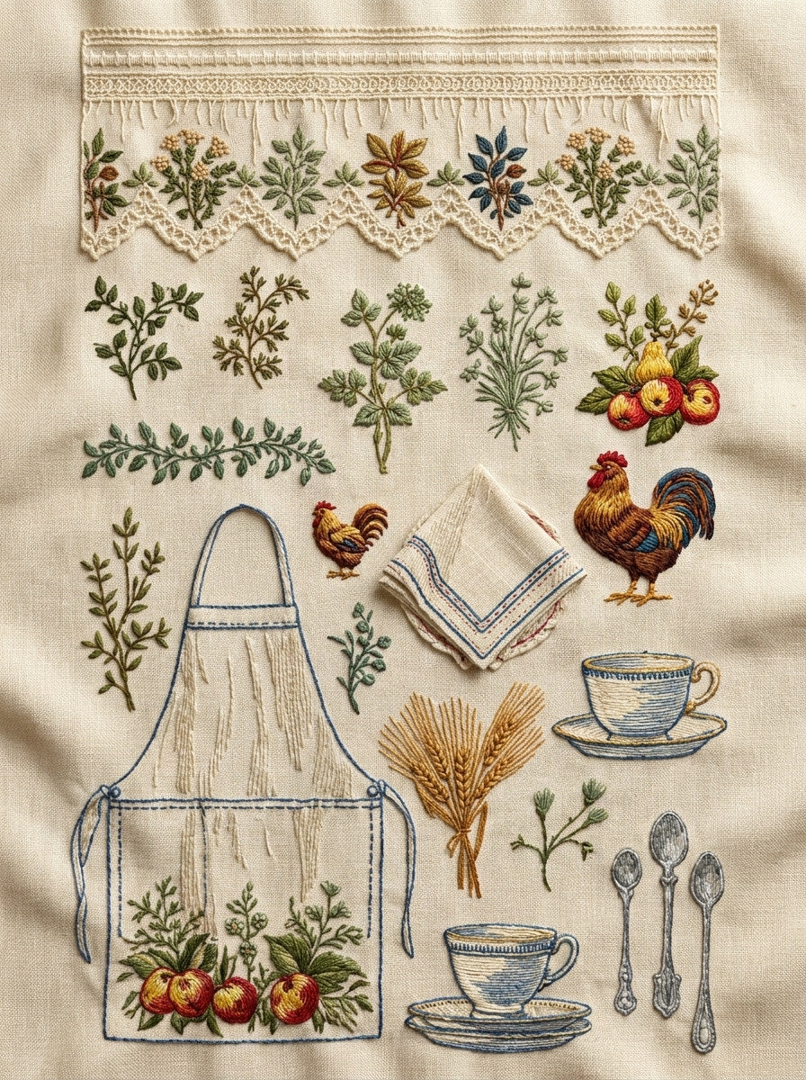 Kitchen Towel Apron Placement Library from Kitchen Towels & Aprons Embroidery Book 3, a digital embroidery design reference for machine embroidery designs, embroidery patterns and lace and broderie details.