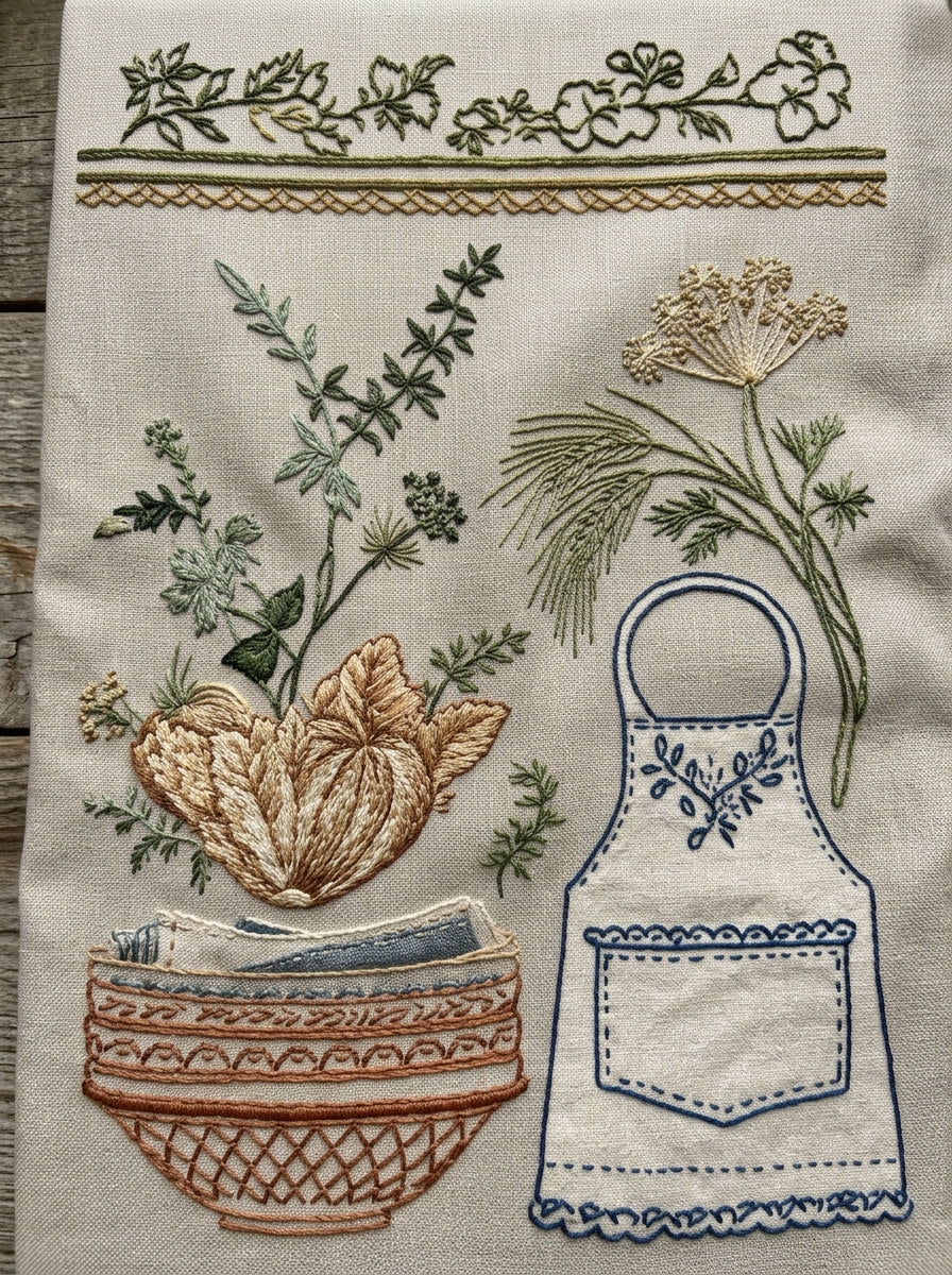 Kitchen Towel Napkin And Apron from Kitchen Towels & Aprons Embroidery Book 1, a digital embroidery design reference for machine embroidery designs, embroidery patterns and linen and home textile projects.