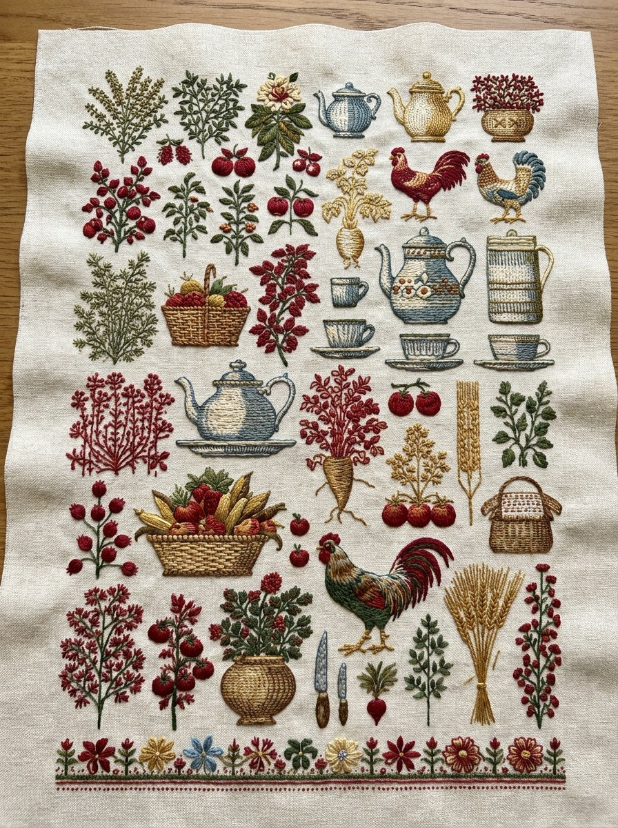 Kitchen Towels And Aprons Placement from Kitchen Towels & Aprons Embroidery Book 4, a digital embroidery design reference for machine embroidery designs, embroidery patterns and lace and broderie details.