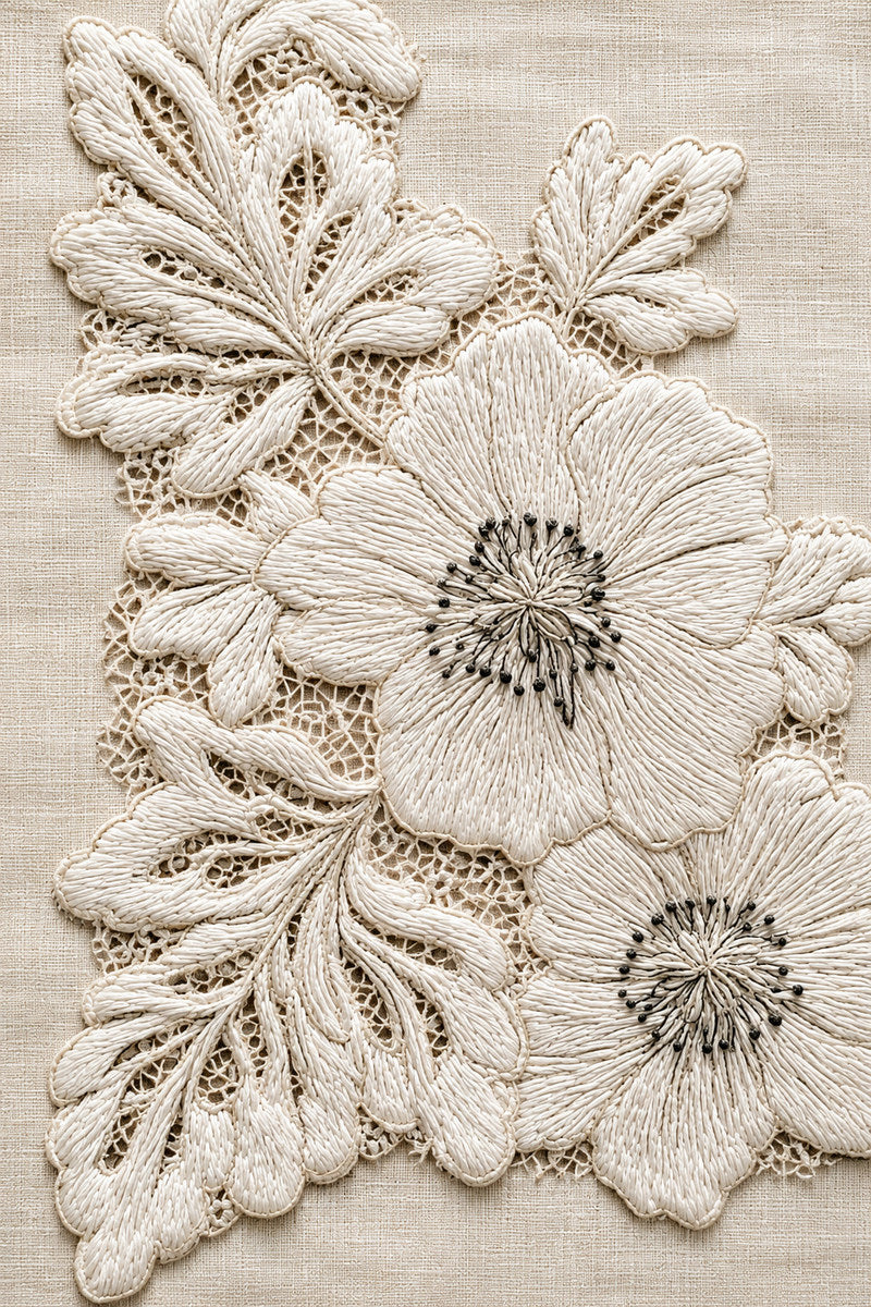 La Broderie Blanche Napkin Corner 2 from Lace Embroidery & Broderie Designs Book 3, a digital embroidery design reference for machine embroidery designs, embroidery patterns and corner embroidery.