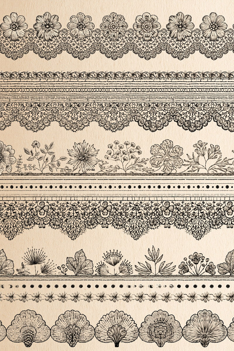 Lace And Botanical Border Library from Classic Frames & Borders Book 4, a digital embroidery design reference for machine embroidery designs, embroidery patterns and border and edge embroidery.