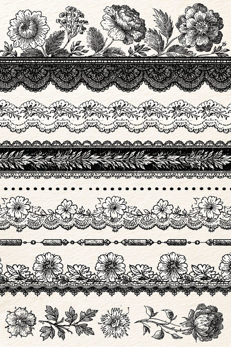 Lace And Botanical Border Library from Classic Frames & Borders Book 5, a digital embroidery design reference for machine embroidery designs, embroidery patterns and border and edge embroidery.