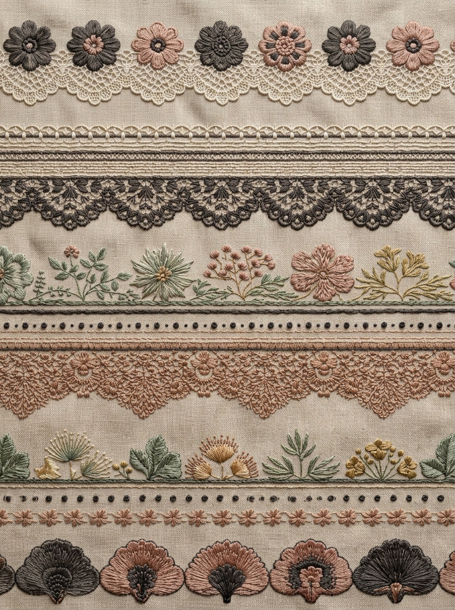 Lace And Botanical Border Library from Classic Frames & Borders Book 4, a digital embroidery design reference for machine embroidery designs, embroidery patterns and border and edge embroidery.