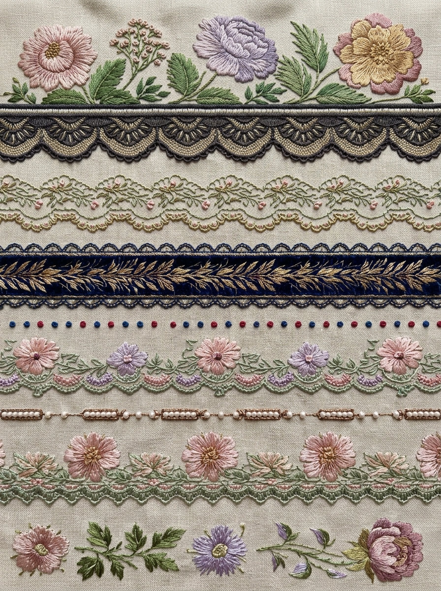 Lace And Botanical Border Library from Classic Frames & Borders Book 5, a digital embroidery design reference for machine embroidery designs, embroidery patterns and border and edge embroidery.
