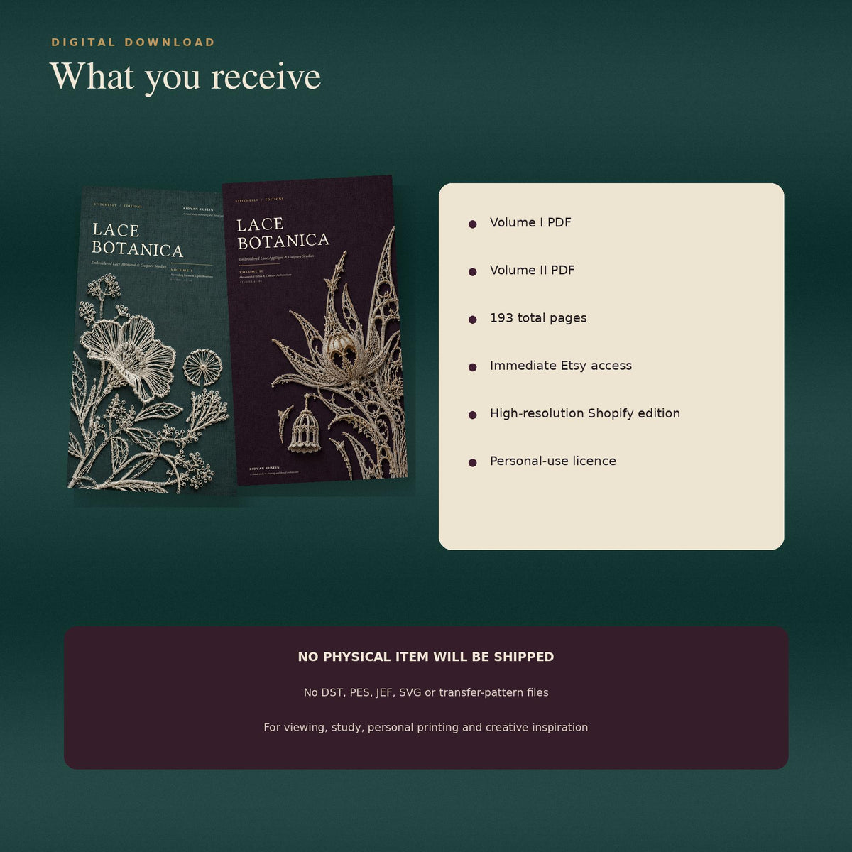 Lace Botanica digital download details with two PDF volumes and personal-use licence
