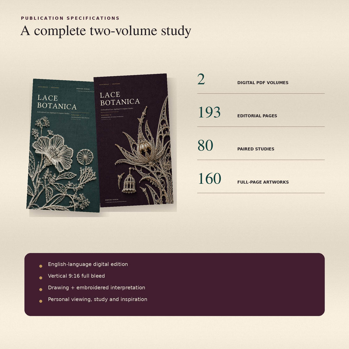 Lace Botanica specifications with two PDF volumes, 193 pages, 80 paired studies and 160 artworks