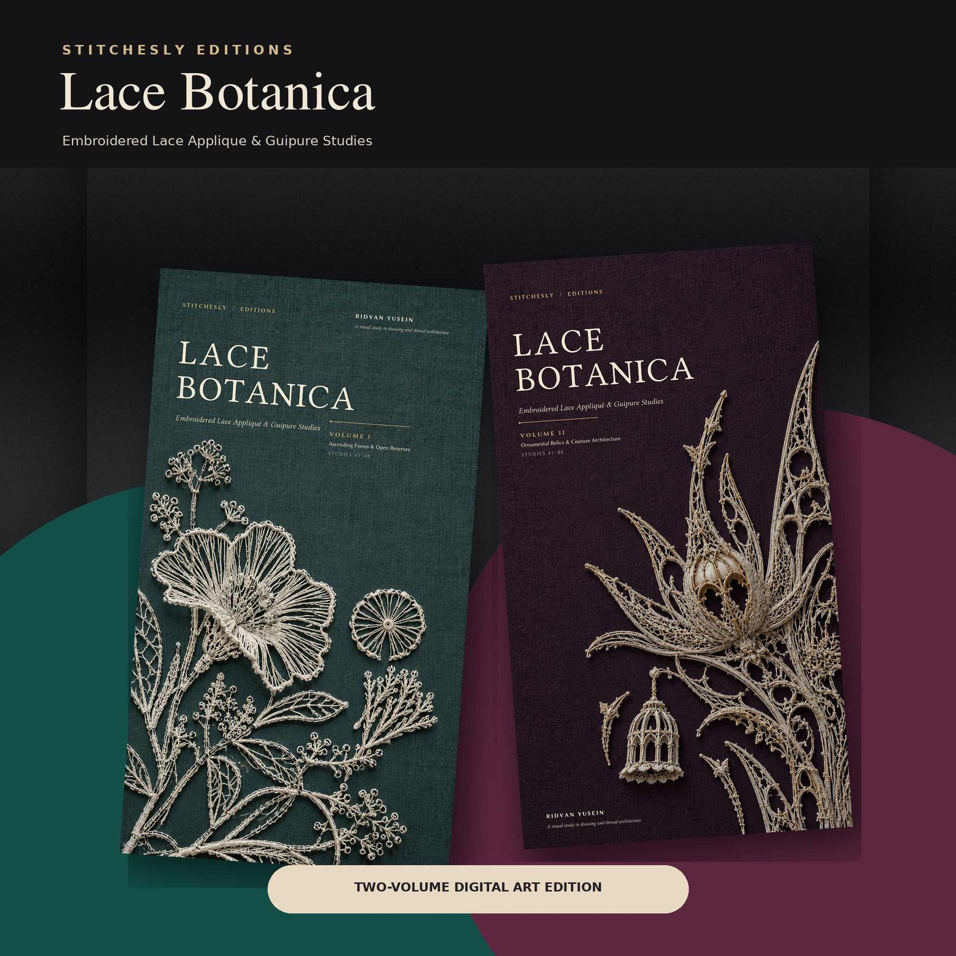 Lace Botanica two-volume digital art book with teal and aubergine embroidered lace covers